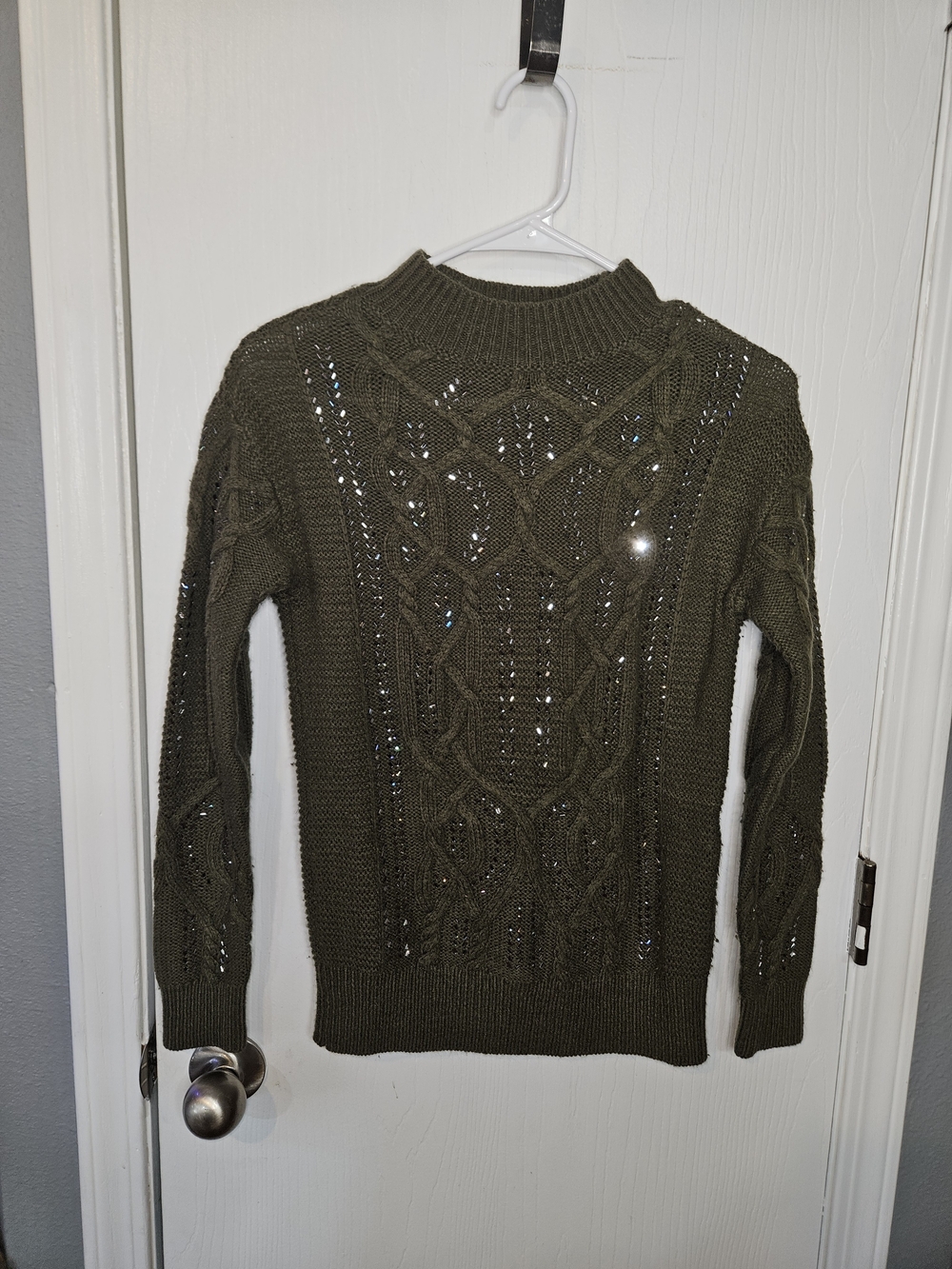 White House Black Market Olive Cable Knit Mock Neck Sweater With Crystal Embelli